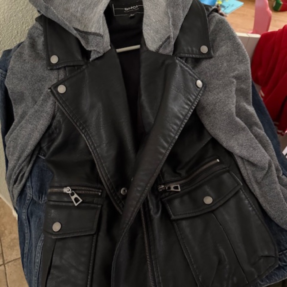 BMCI leather and gray sweat hoodie jacket size large